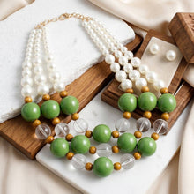 Load image into Gallery viewer, Chunky Green Glazed Bead & Pearl Layered Necklace