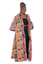 Load image into Gallery viewer, Black White Red Orange African Long Duster Kimono for Women with Headwrap