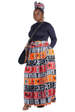 Load image into Gallery viewer, Black White Red Orange African Long Maxi Skirt With Handbag | One Size