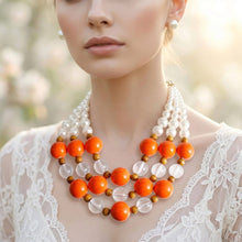 Load image into Gallery viewer, Chunky Orange Glazed Bead & Pearl Layered Necklace