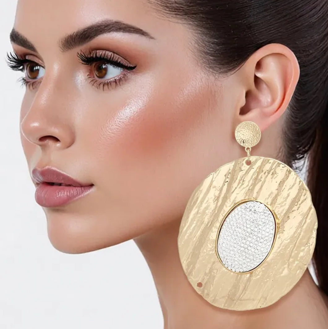 Drop Dramatic Large Gold Oval Rhinestone Inset Earrings