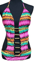 Load image into Gallery viewer, COOGI One Piece Swimsuit XL Multicolor Chevron Cutout Halter Monokini
