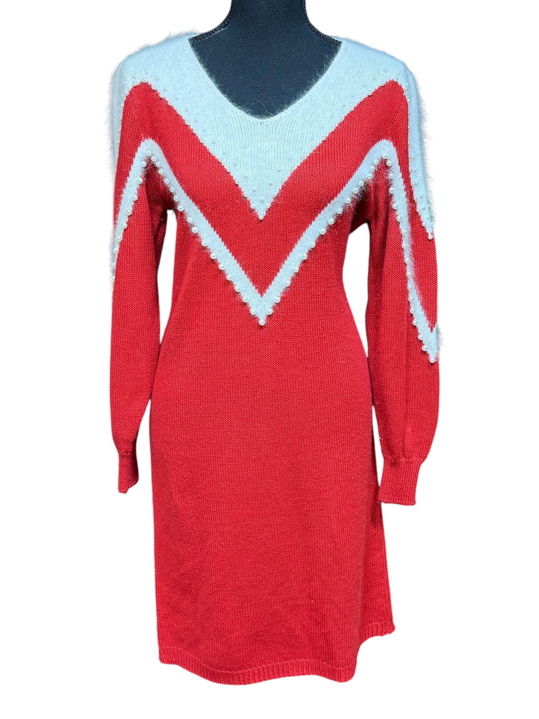 Yarnworks Petite M Red White Pearls VTG Sweater Dress