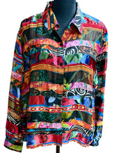 Load image into Gallery viewer, Chico’s Mixed Print Silk Sheer Blouse Sz L
