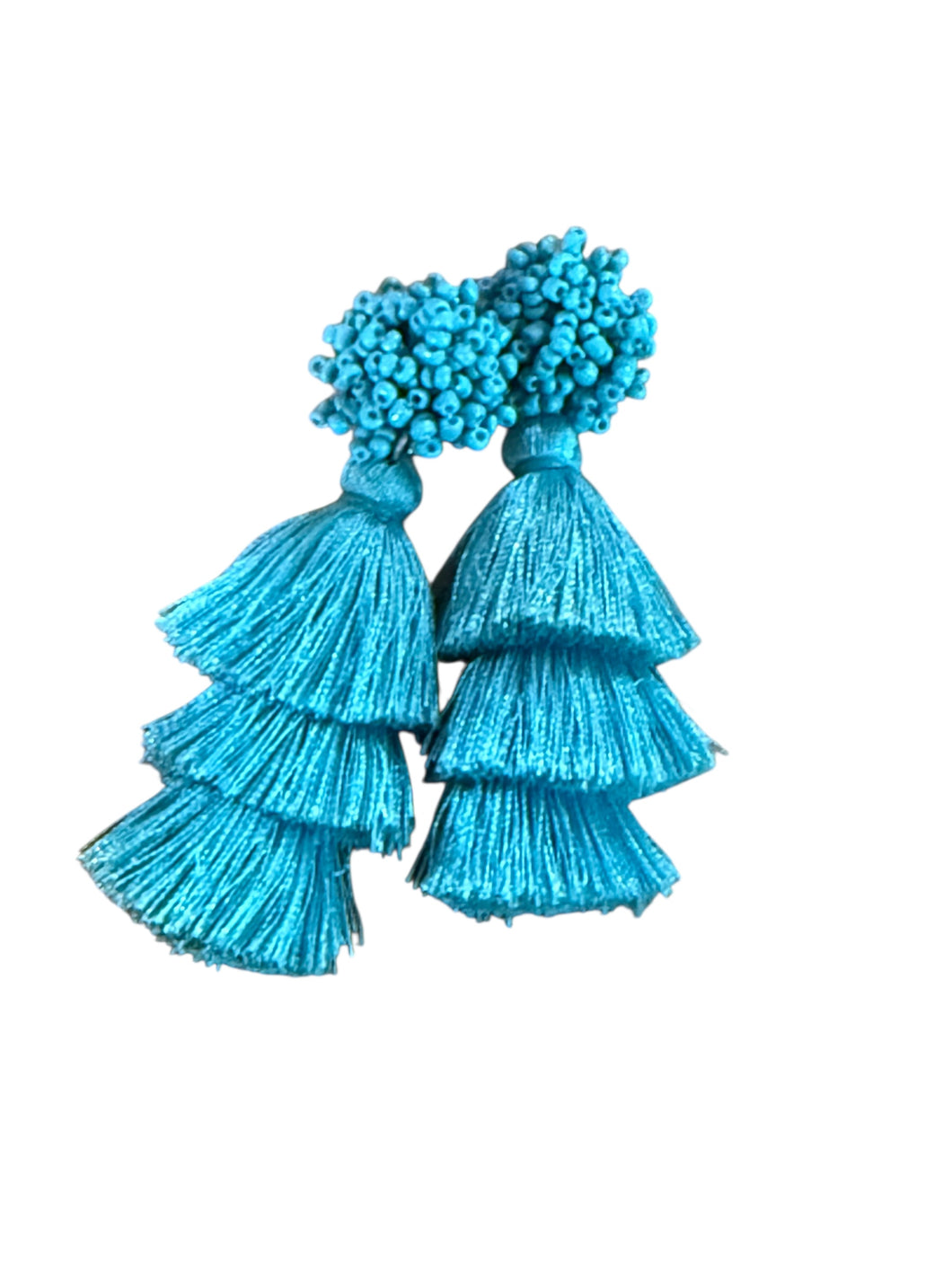 Aqua Blue Bead Tassel Post Earrings
