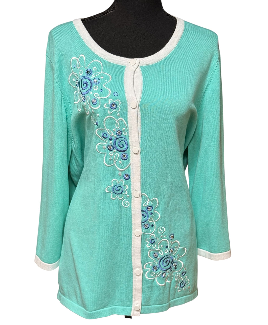 Bob Mackie Aqua Green Floral Cardigan Sz XL