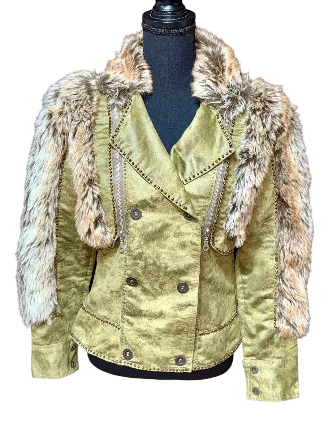 SEANDARA Olive Faux Fur Double Breasted Jacket Sz S