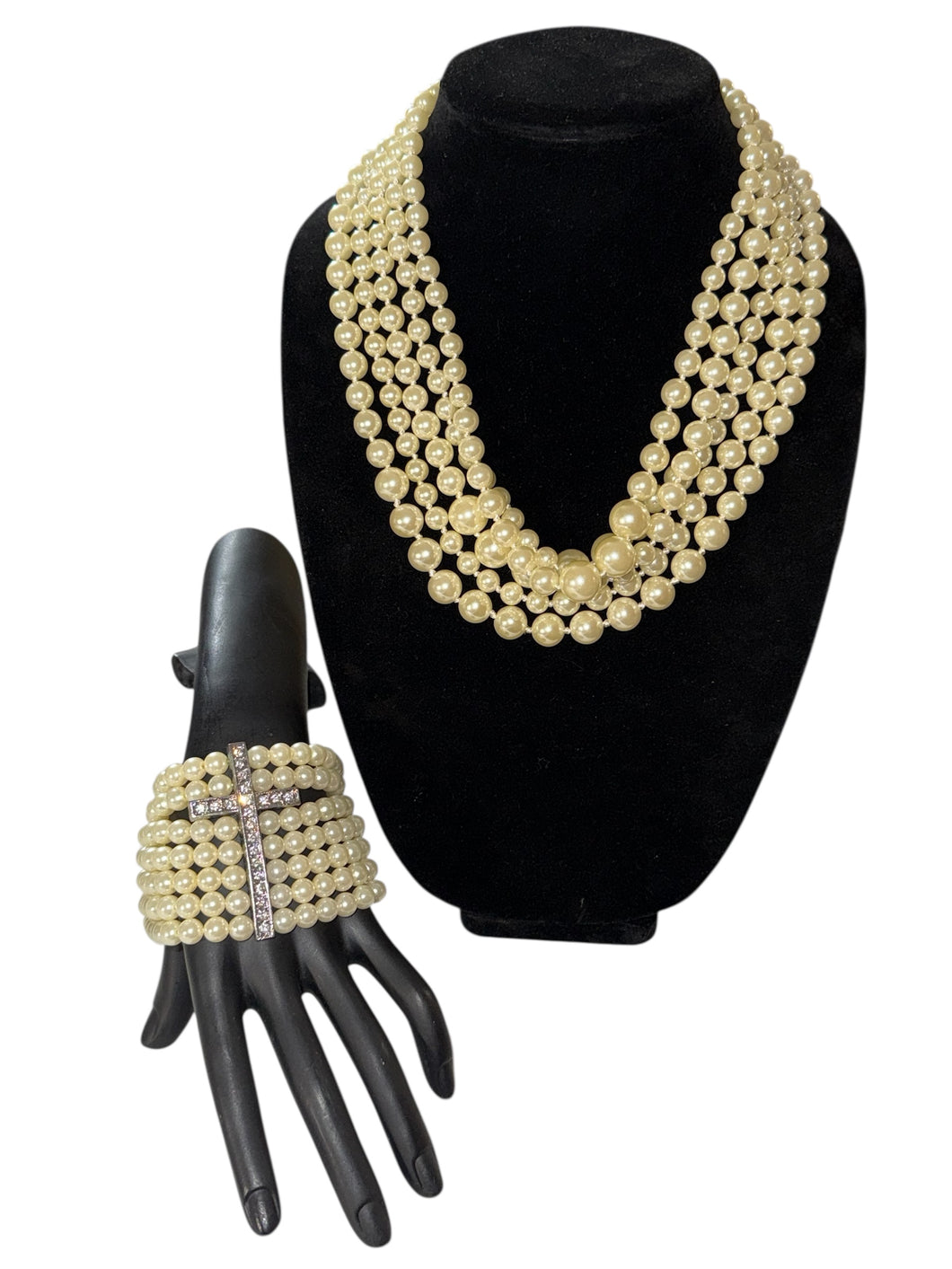 J Crew Signed Multi Strand Faux Pearl Necklace & Rhinestone Cross Bracelet