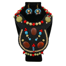 Load image into Gallery viewer, Green &amp; Red Bead Collar Necklace: Black / Faux Leather / 16 inches
